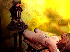 Gefesselte Hentai-Sexsklavin wird auf dem Tisch die Muschi geleckt.