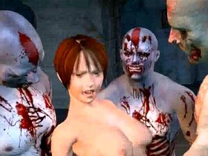 Heiße 3D-Rothaarige wird von drei Zombies gefickt. Kieferfallende
