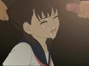 Hentai-Sexspiel Riesiges Bukkake auf japanischem Schulmädchen.